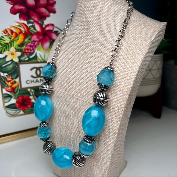 Beaded Blue Silver Necklace Whimsical Boho Artistic Modern Folk Coastal Fantasy - Picture 2 of 4